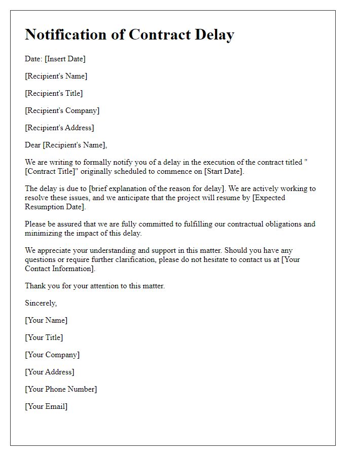 Letter template of formal notification about contract delays.