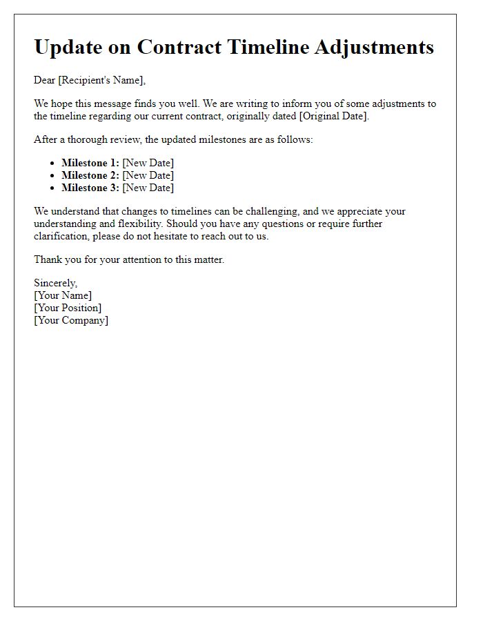 Letter template of update on contract timeline adjustments.