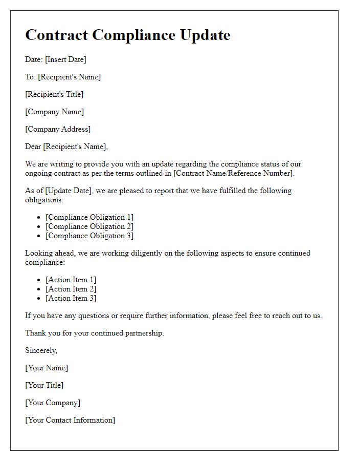 Letter template of contract compliance update.