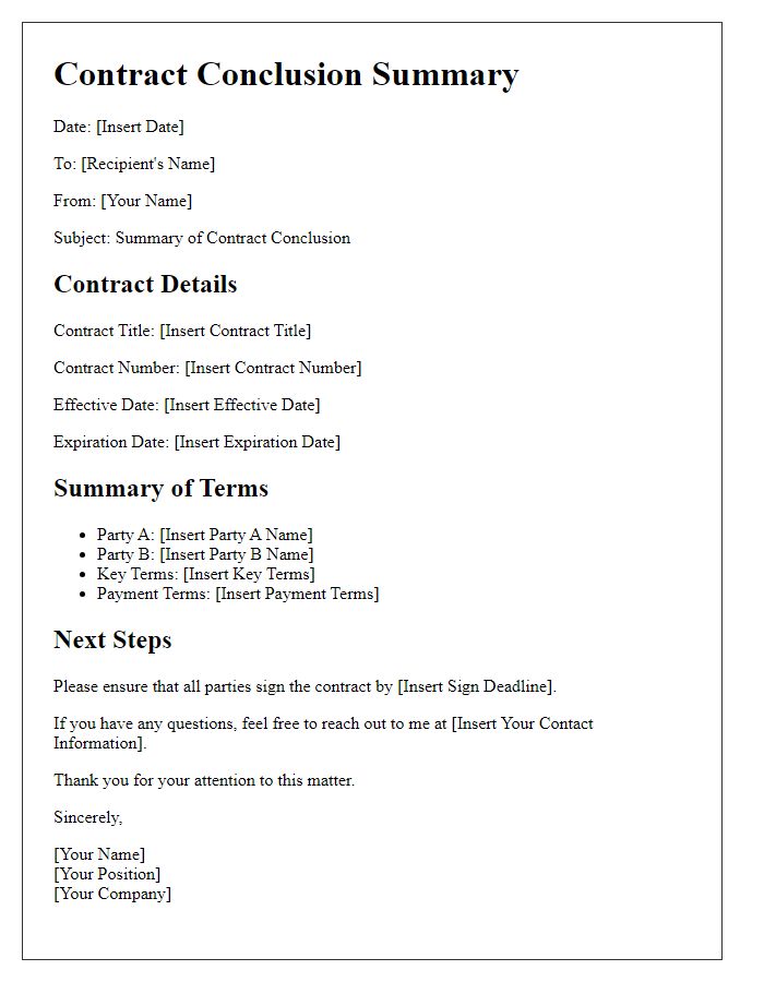 Letter template of contract conclusion summary.