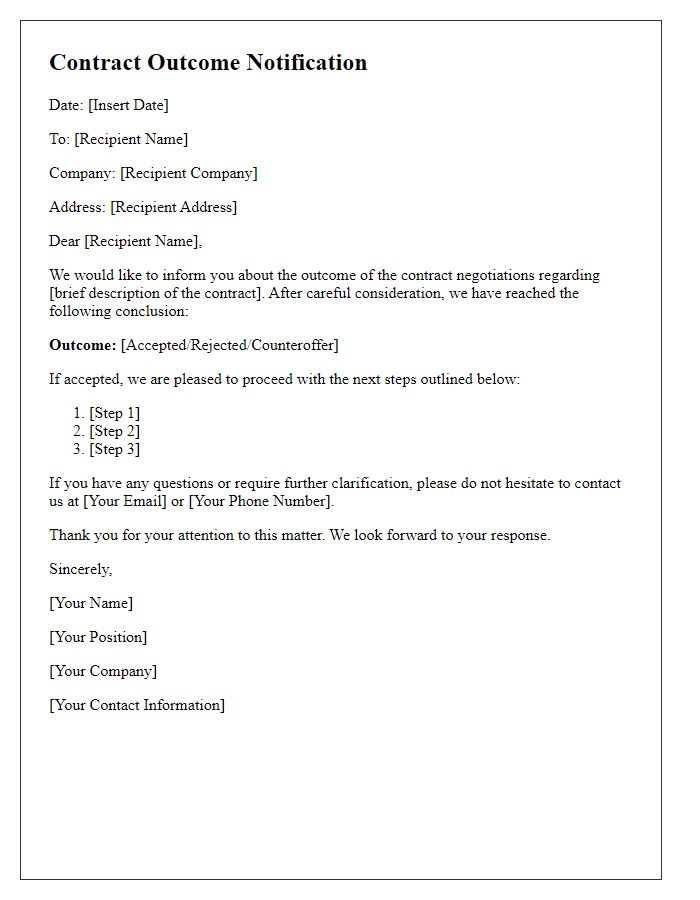 Letter template of contract outcome notification.