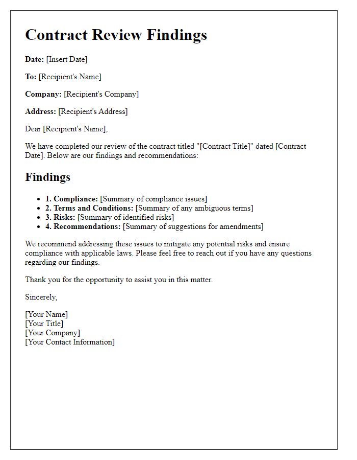 Letter template of contract review findings.