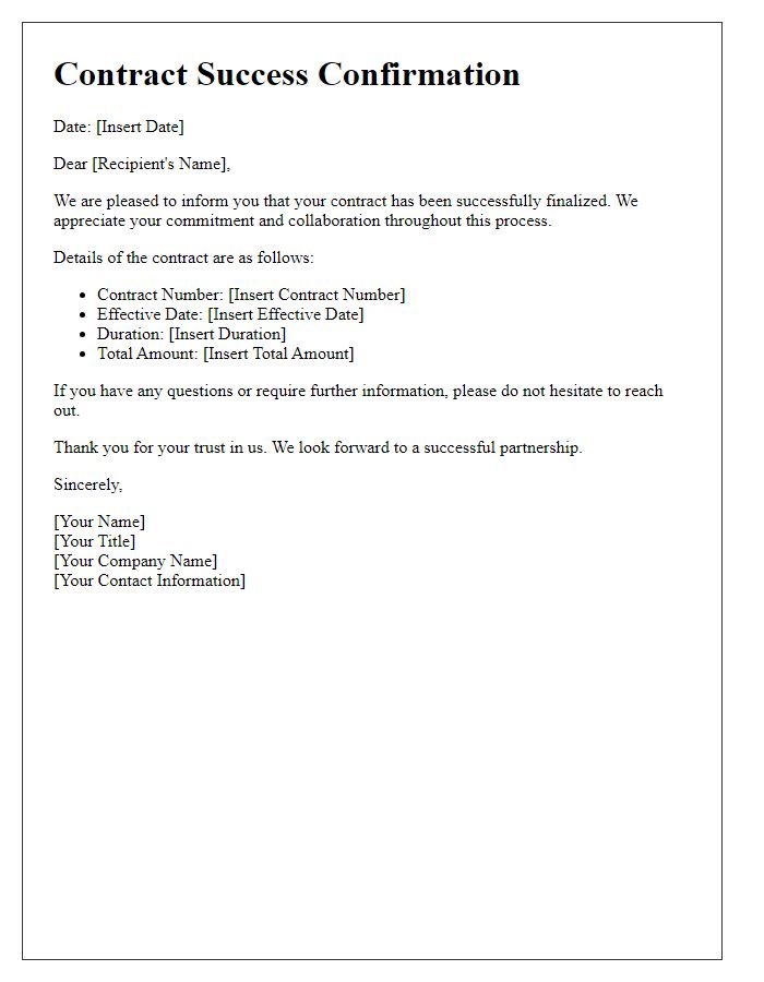 Letter template of contract success confirmation.