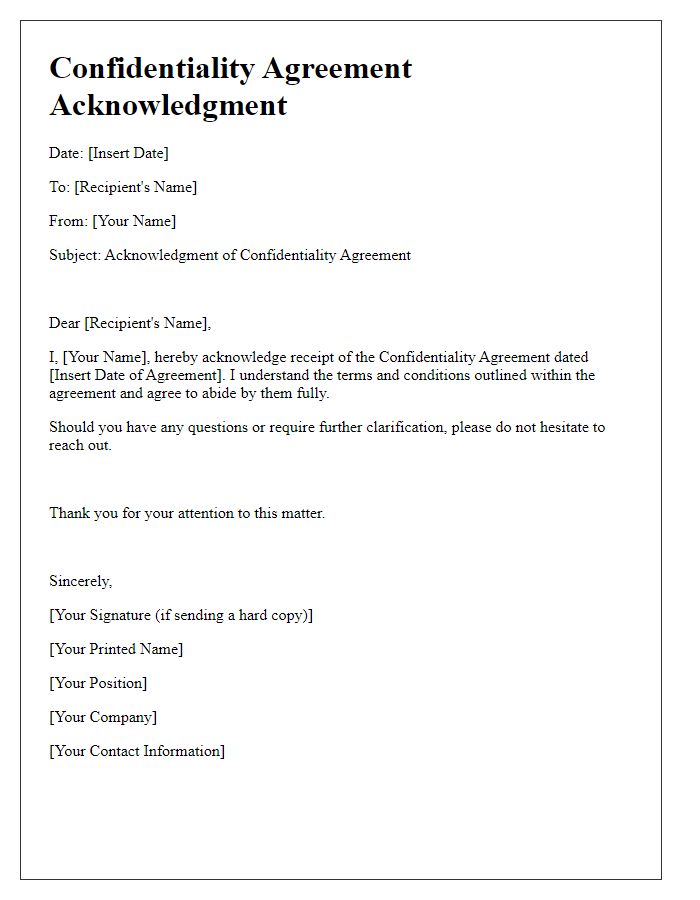 Letter template of Confidentiality Agreement Acknowledgment