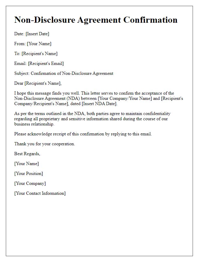 Letter template of Non-Disclosure Agreement Confirmation