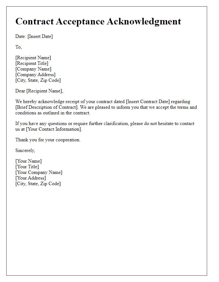 Letter template of contract acceptance acknowledgment