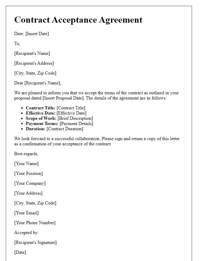 Letter template of contract acceptance agreement