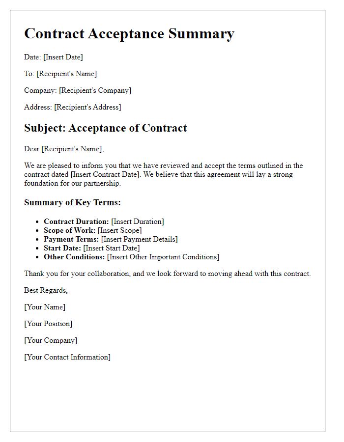 Letter template of contract acceptance summary