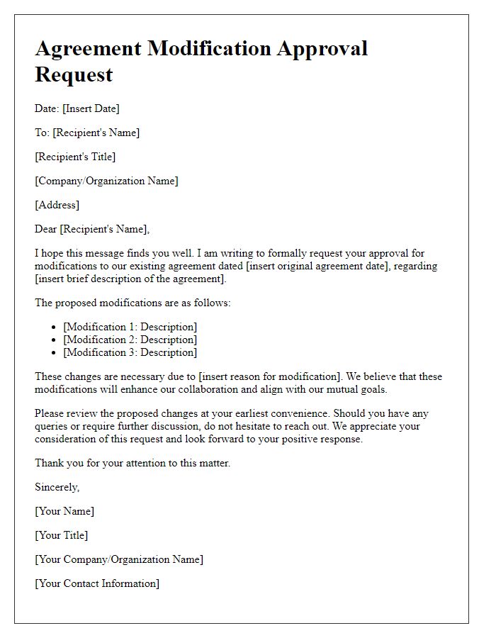 Letter template of agreement modification approval request