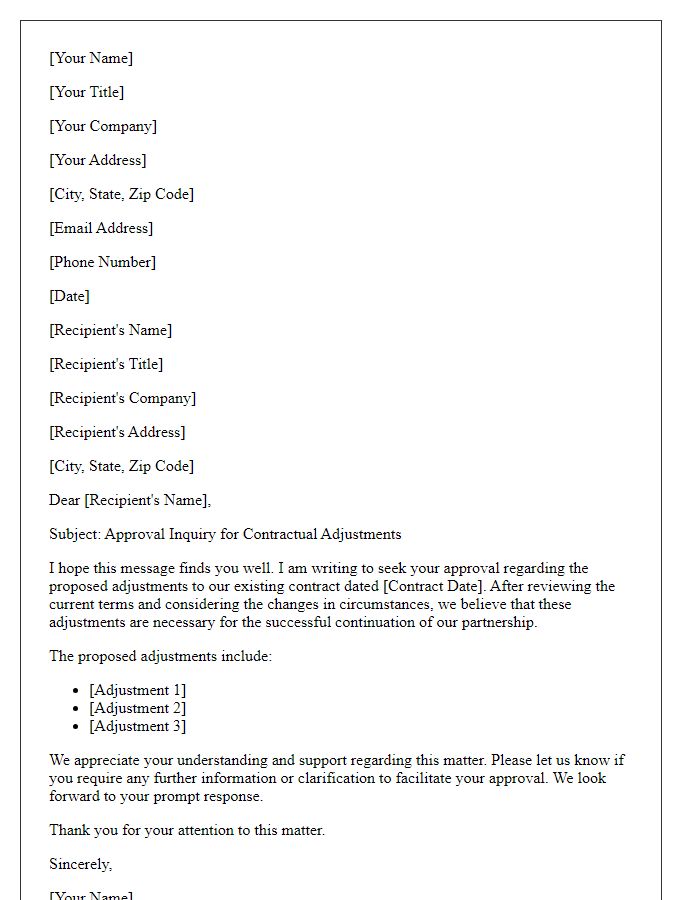 Letter template of approval inquiry for contractual adjustments