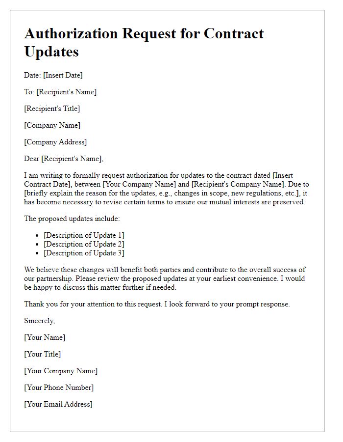 Letter template of authorization request for contract updates
