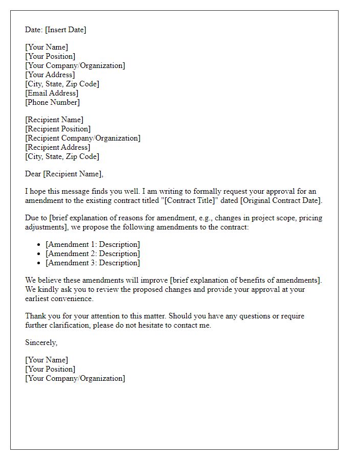 Letter template of formal approval request for contract amendment