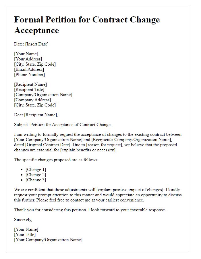 Letter template of formal petition for contract change acceptance