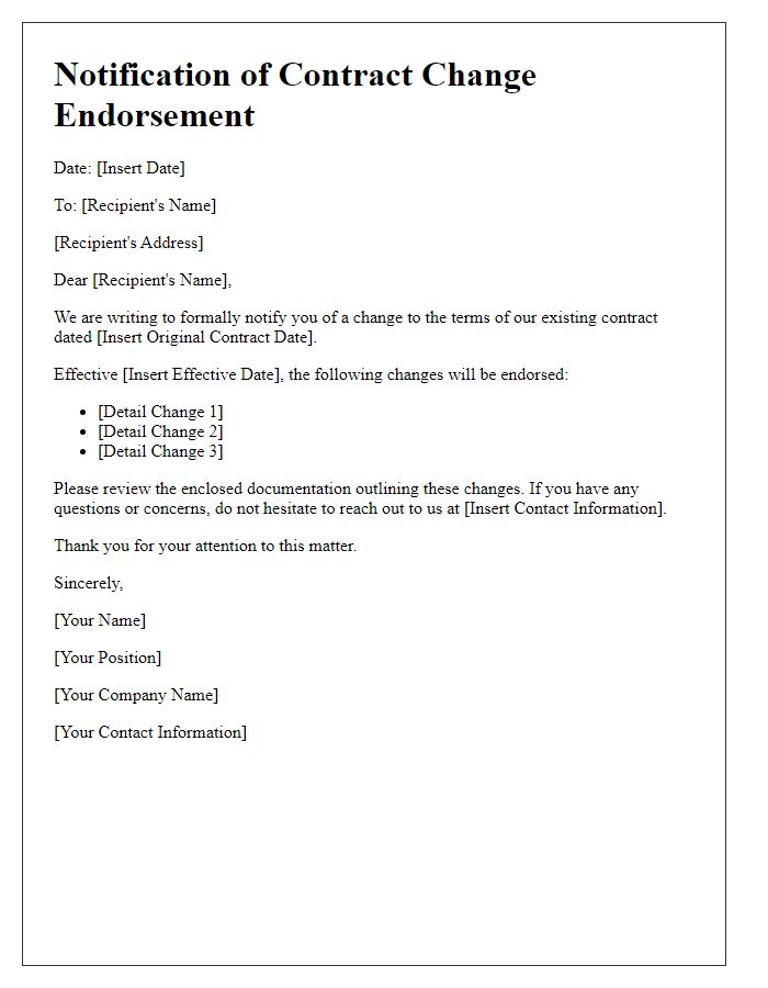 Letter template of notification for contract change endorsement