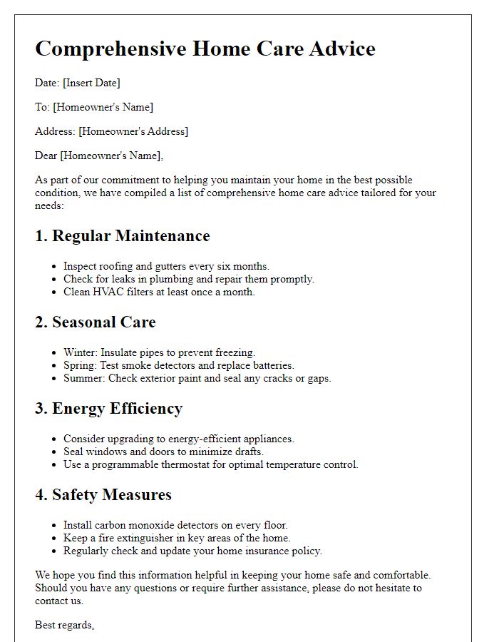 Letter template of comprehensive home care advice for homeowners.