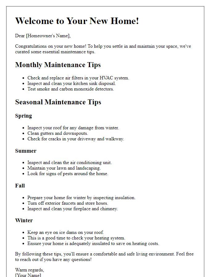 Letter template of curated maintenance tips to enhance your new home experience.