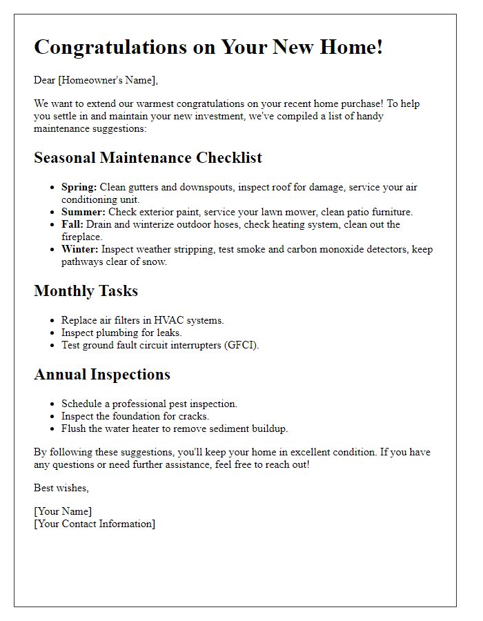 Letter template of handy maintenance suggestions following your home purchase.