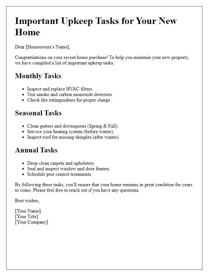 Letter template of important upkeep tasks for recently acquired homes.