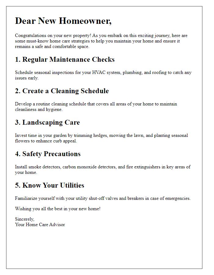 Letter template of must-know home care strategies for new property owners.