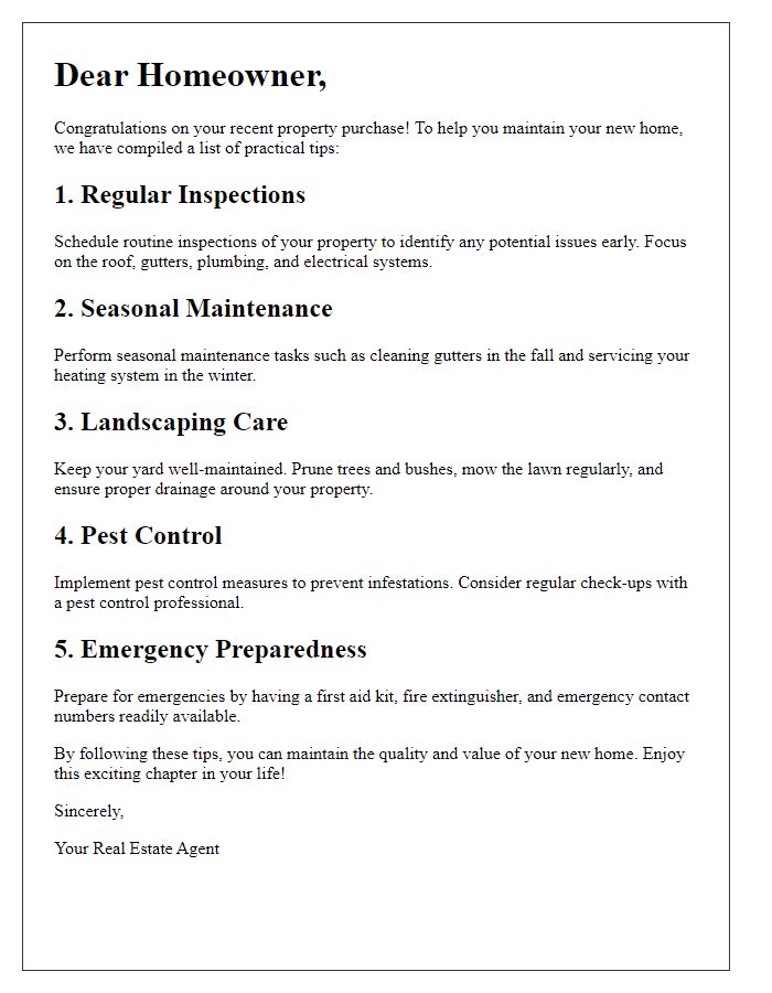 Letter template of practical tips for maintaining your recent property purchase.