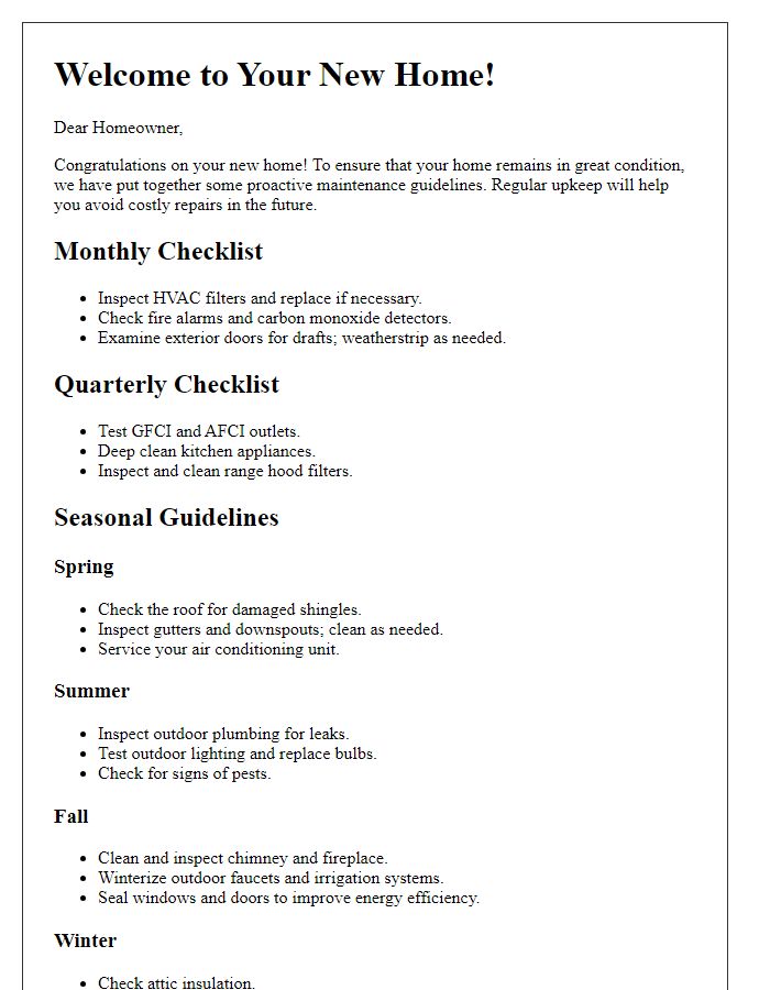 Letter template of proactive home maintenance guidelines for new owners.