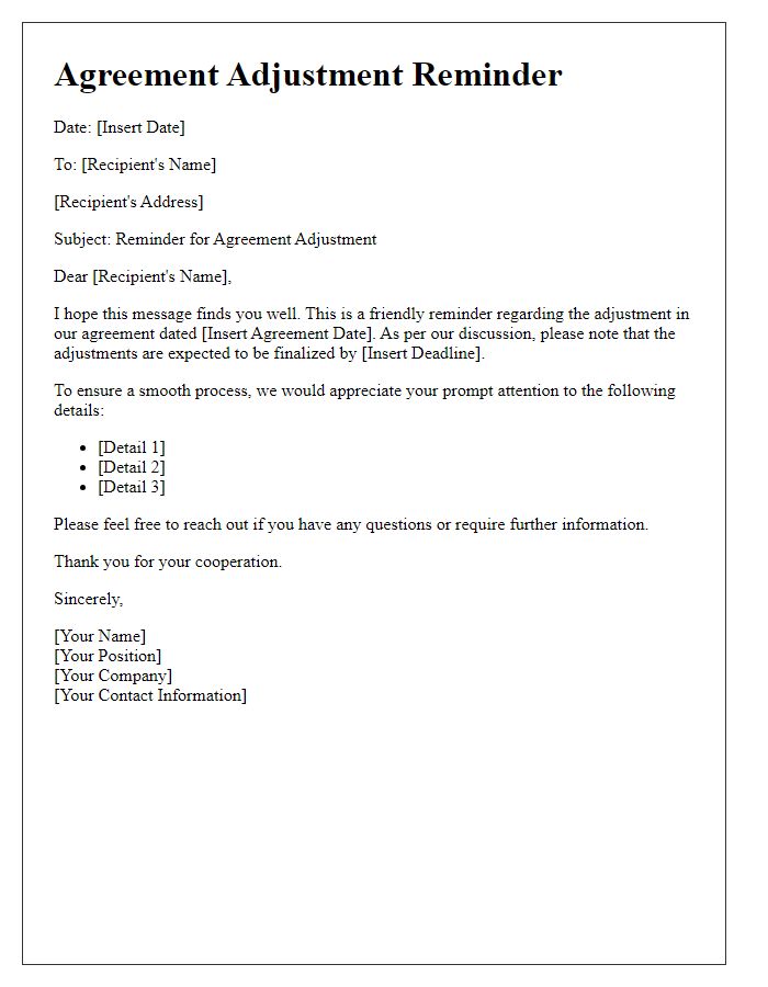 Letter template of agreement adjustment reminder