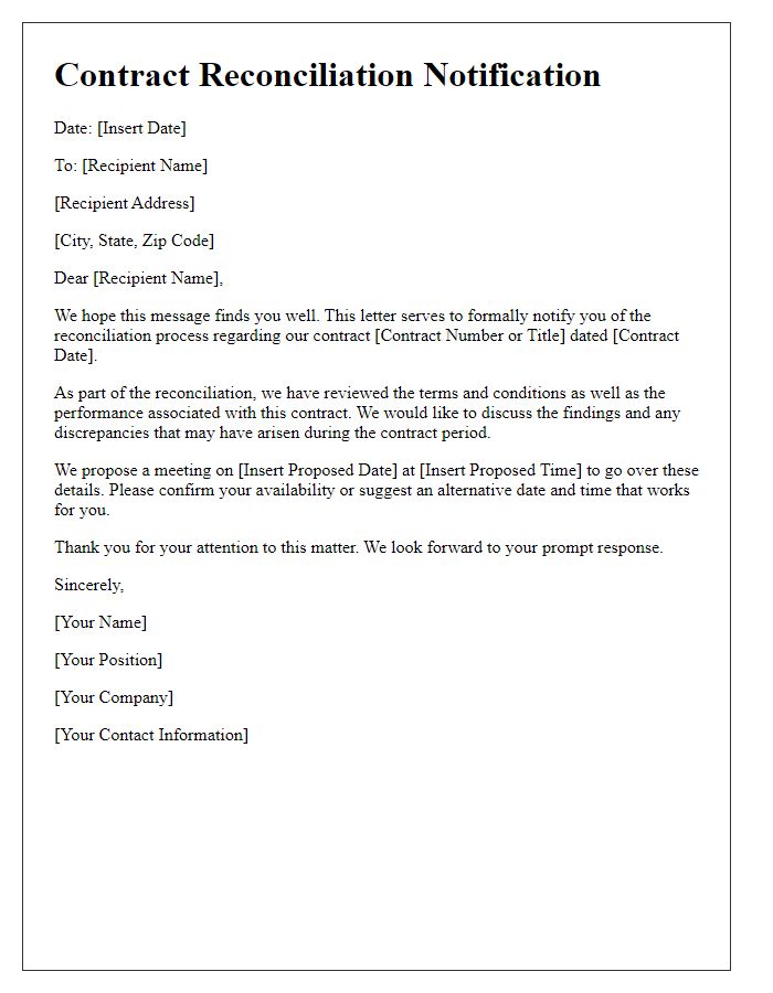 Letter template of contract reconciliation notification