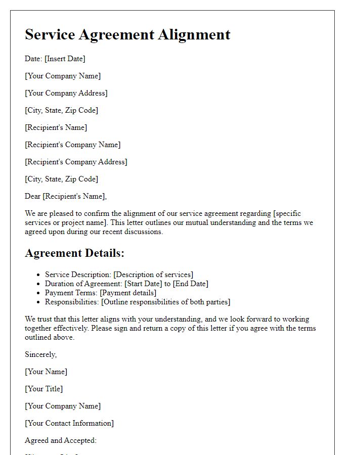 Letter template of service agreement alignment