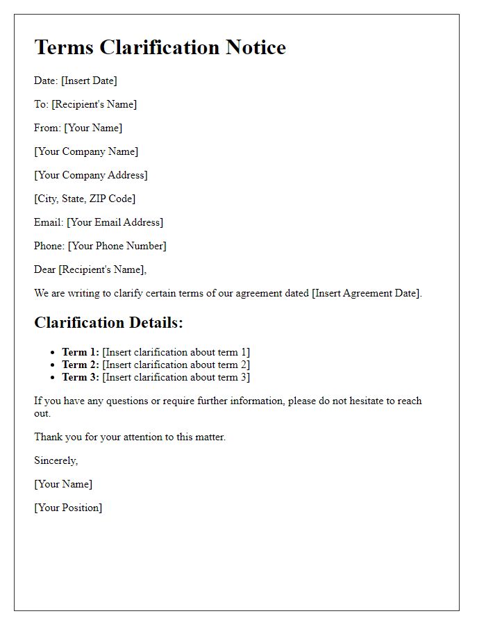 Letter template of terms clarification notice