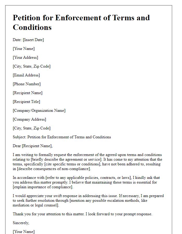 Letter template of Petition for Enforcement of Terms and Conditions