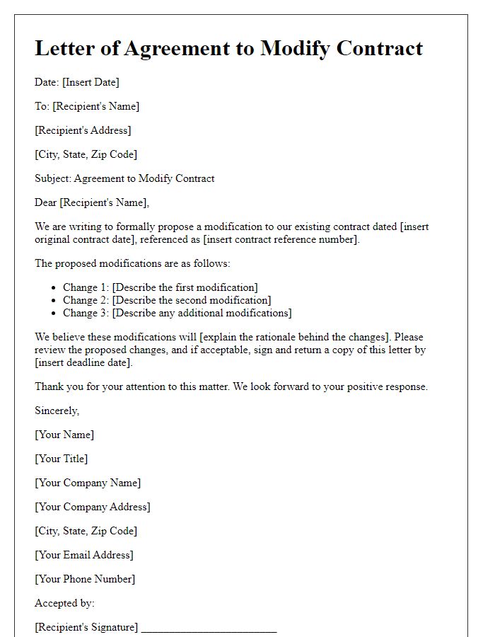 Letter template of agreement to modify contract