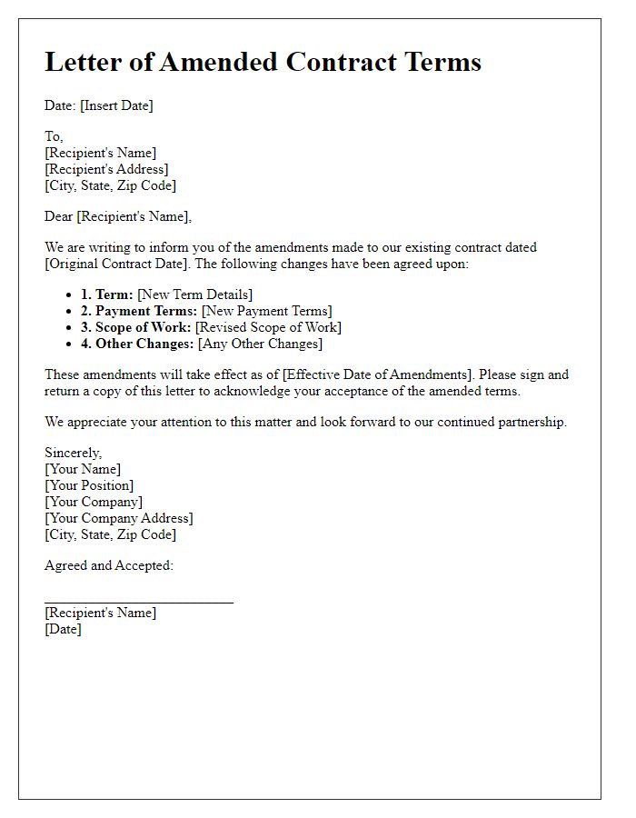 Letter template of amended contract terms