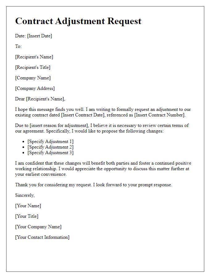 Letter template of contract adjustment request