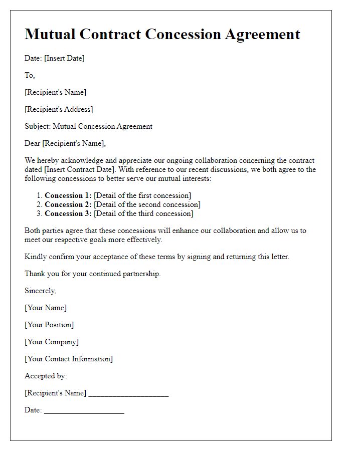 Letter template of mutual contract concession