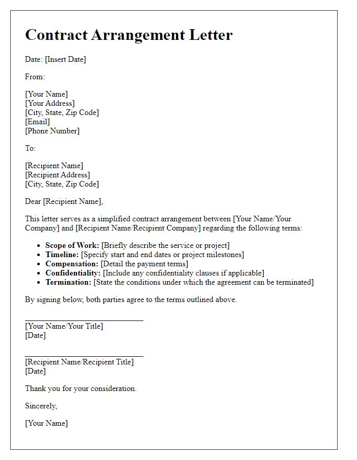 Letter template of simplified contract arrangement