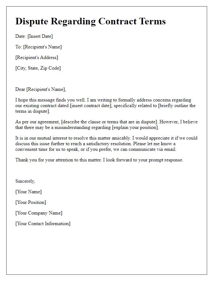 Letter template of contract terms dispute communication