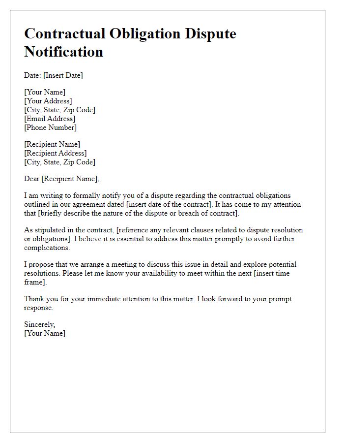 Letter template of contractual obligation dispute notification