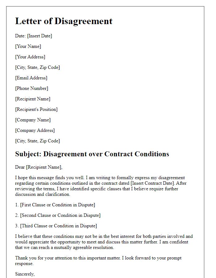 Letter template of disagreement over contract conditions