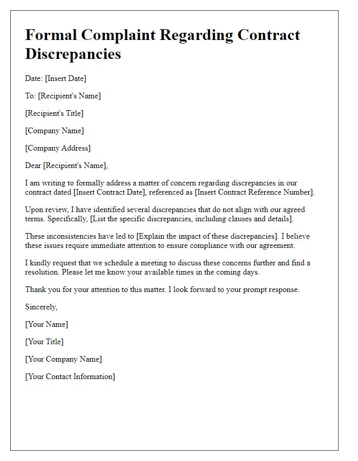 Letter template of formal complaint about contract discrepancies