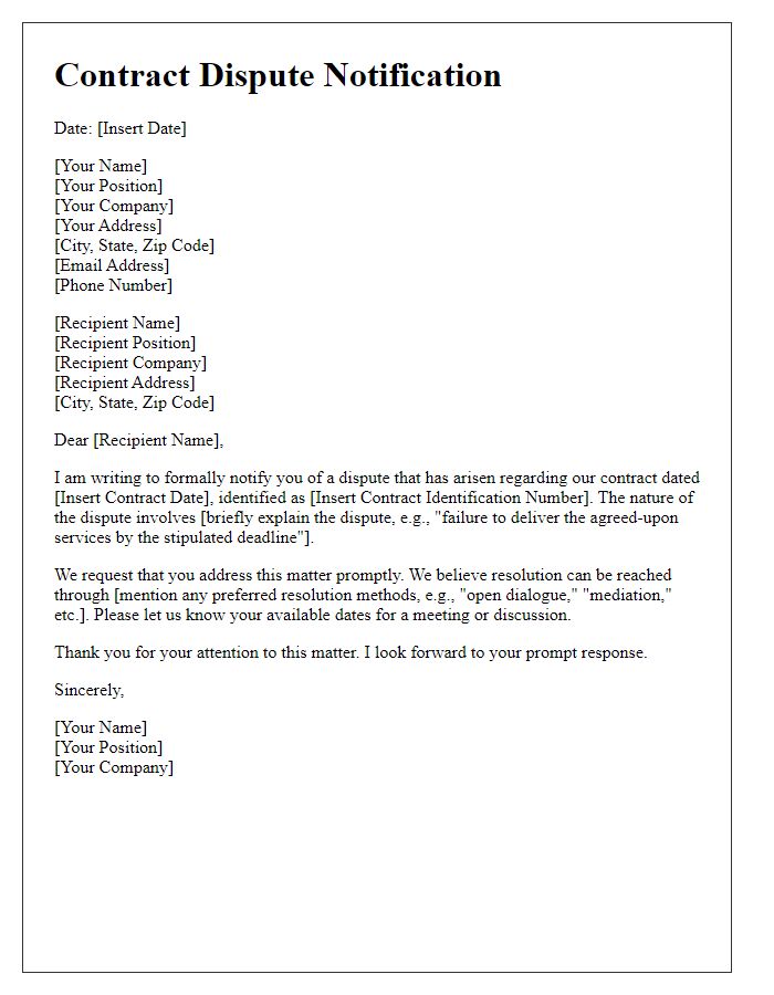 Letter template of formal contract dispute notification