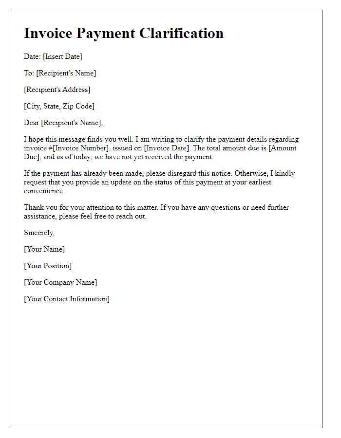 Letter template of invoice payment clarification