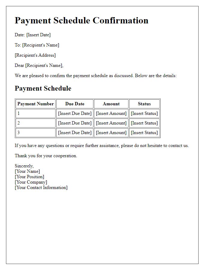 Letter template of payment schedule confirmation