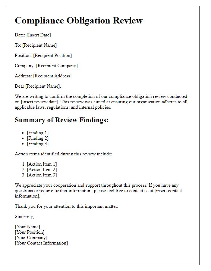 Letter template of compliance obligation review