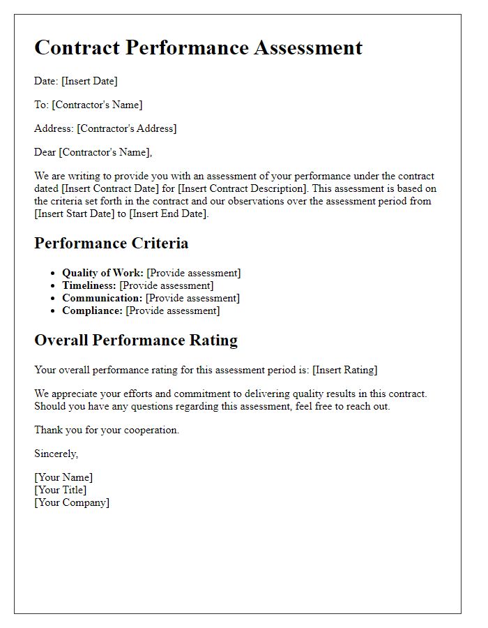 Letter template of contract performance assessment