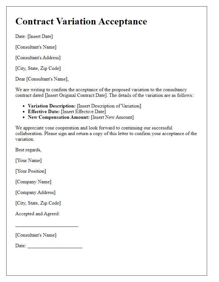 Letter template of contract variation acceptance for consultancy contracts.