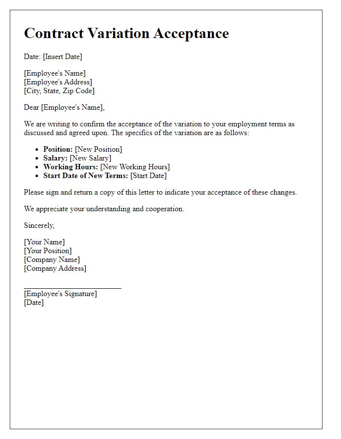 Letter template of contract variation acceptance for employment terms.