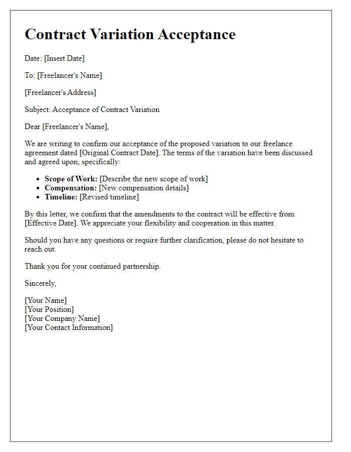 Letter template of contract variation acceptance for freelance agreements.