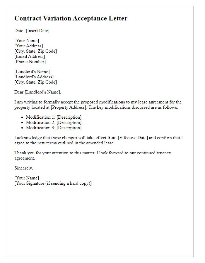 Letter template of contract variation acceptance for lease modifications.