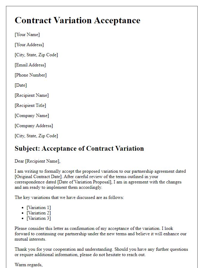 Letter template of contract variation acceptance for partnership agreements.