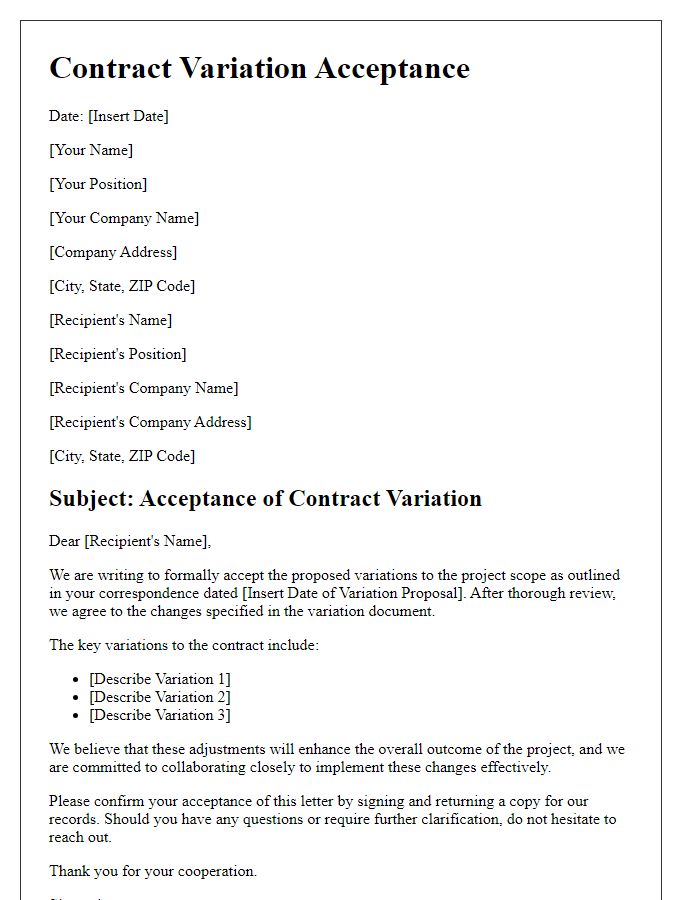 Letter template of contract variation acceptance for project scopes.